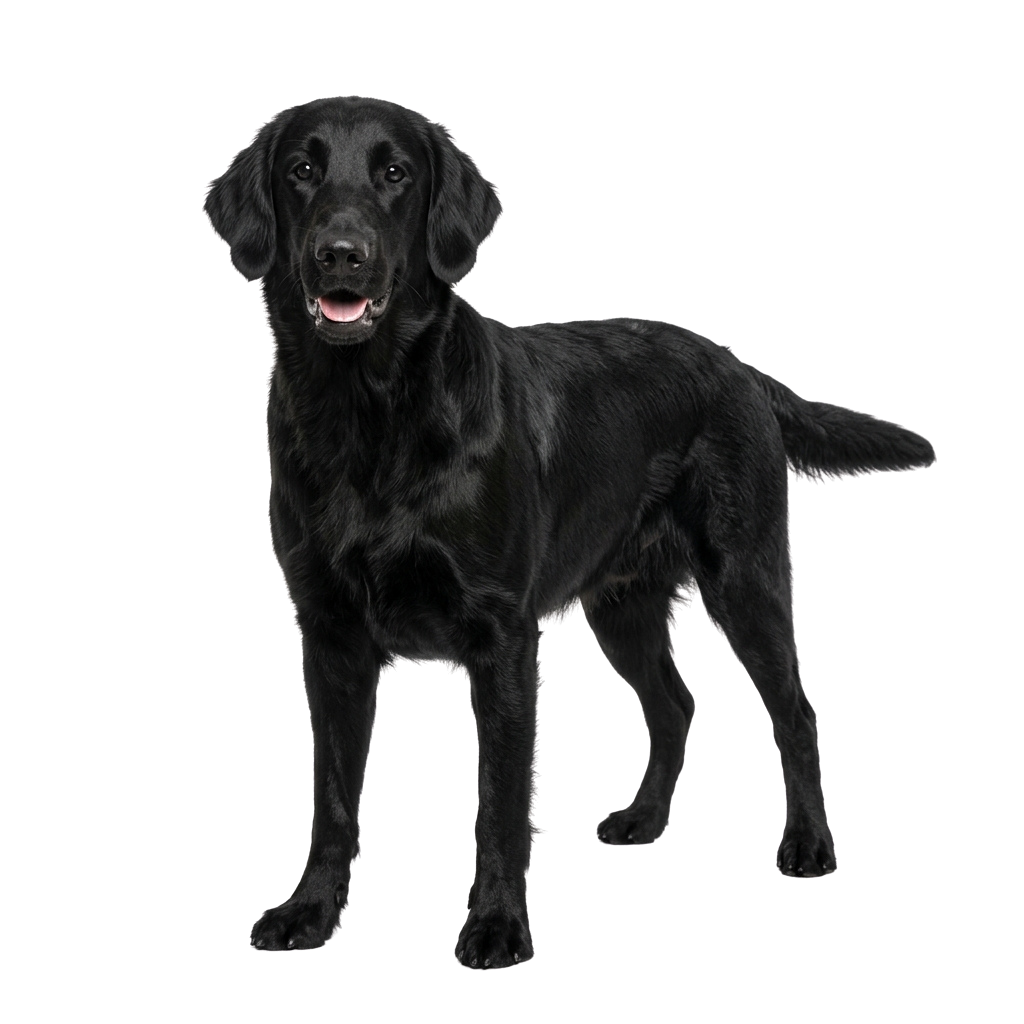 A black Labrador Retriever dog standing on a plain background with a happy expression