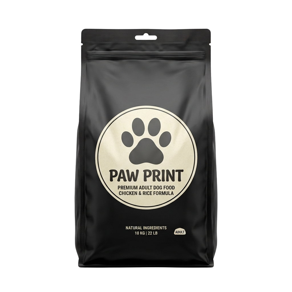 Black bag of premium adult dog food featuring a paw print logo and chicken and rice formula text