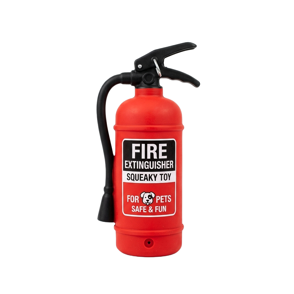 Red toy fire extinguisher labeled as a squeaky pet toy for safe play with pets