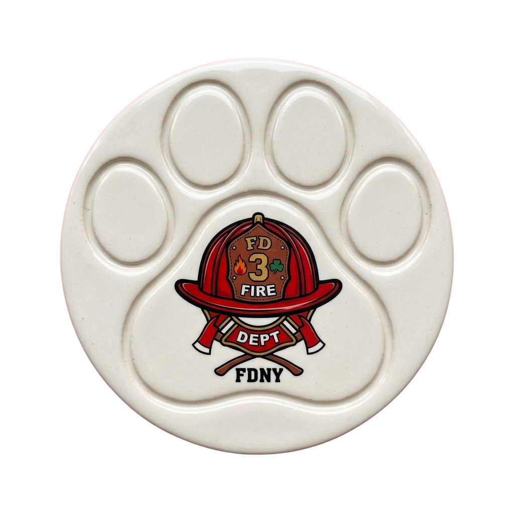 White ceramic cookie cutter shaped like a paw print with an FDNY fire helmet logo in the center