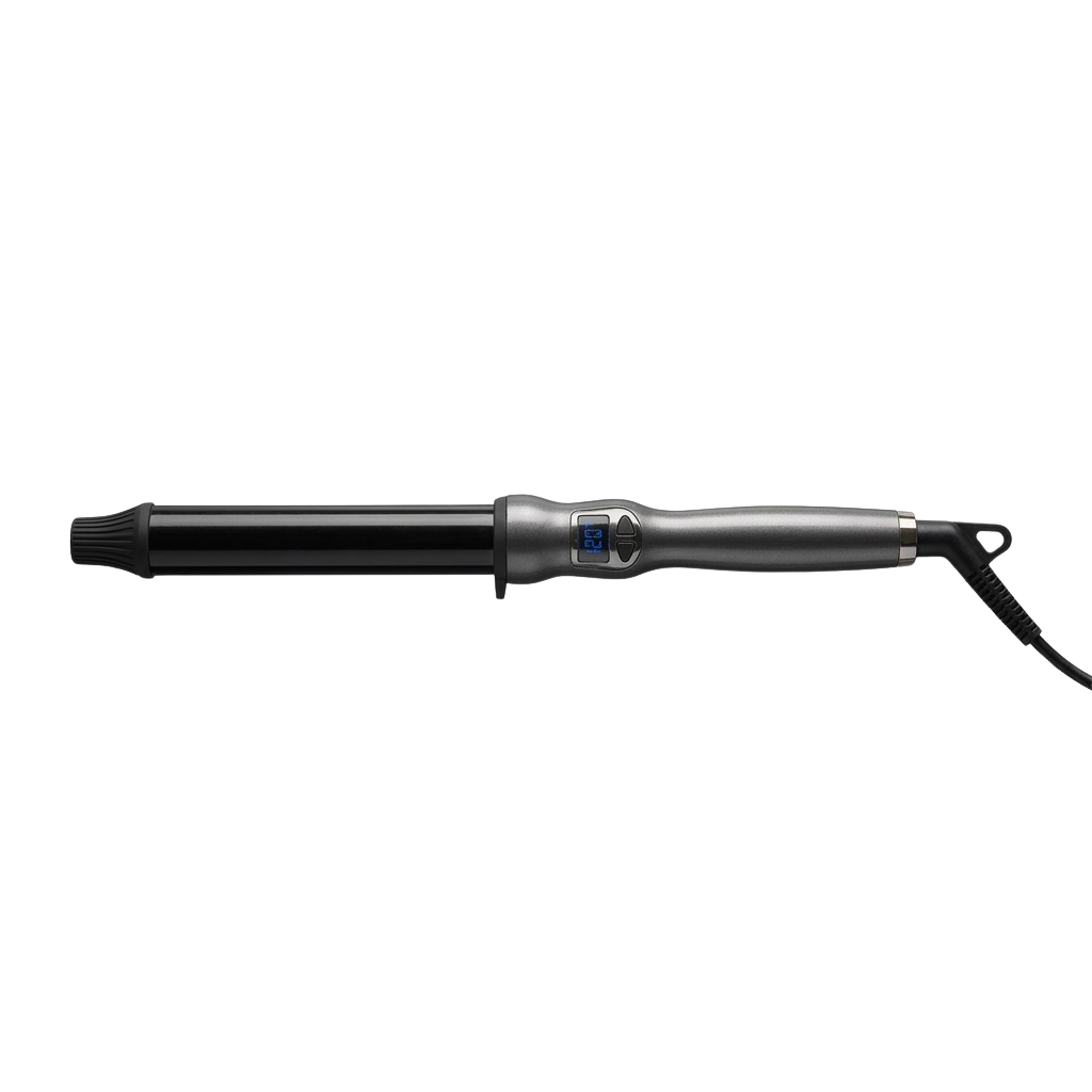 A sleek curling iron with a metallic barrel and digital control buttons on the handle