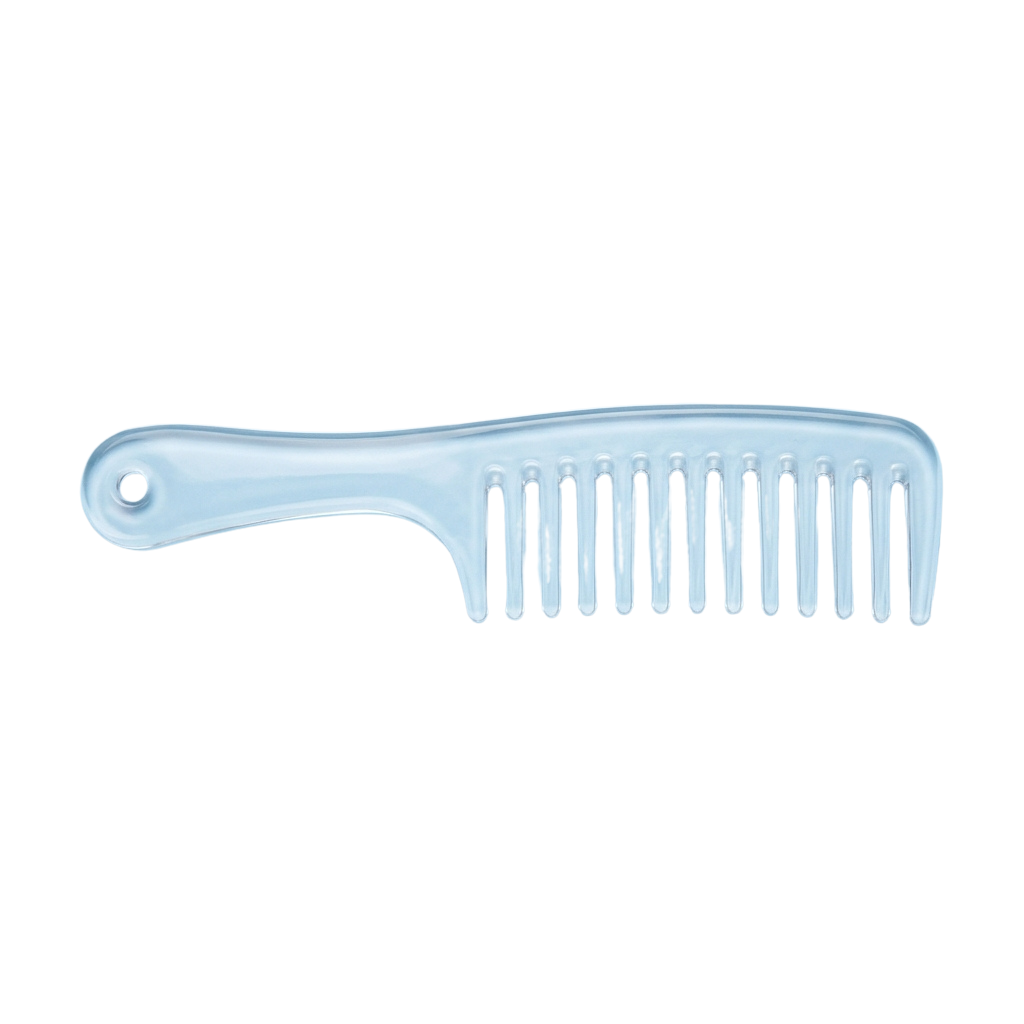 A white plastic comb with wide teeth for detangling hair