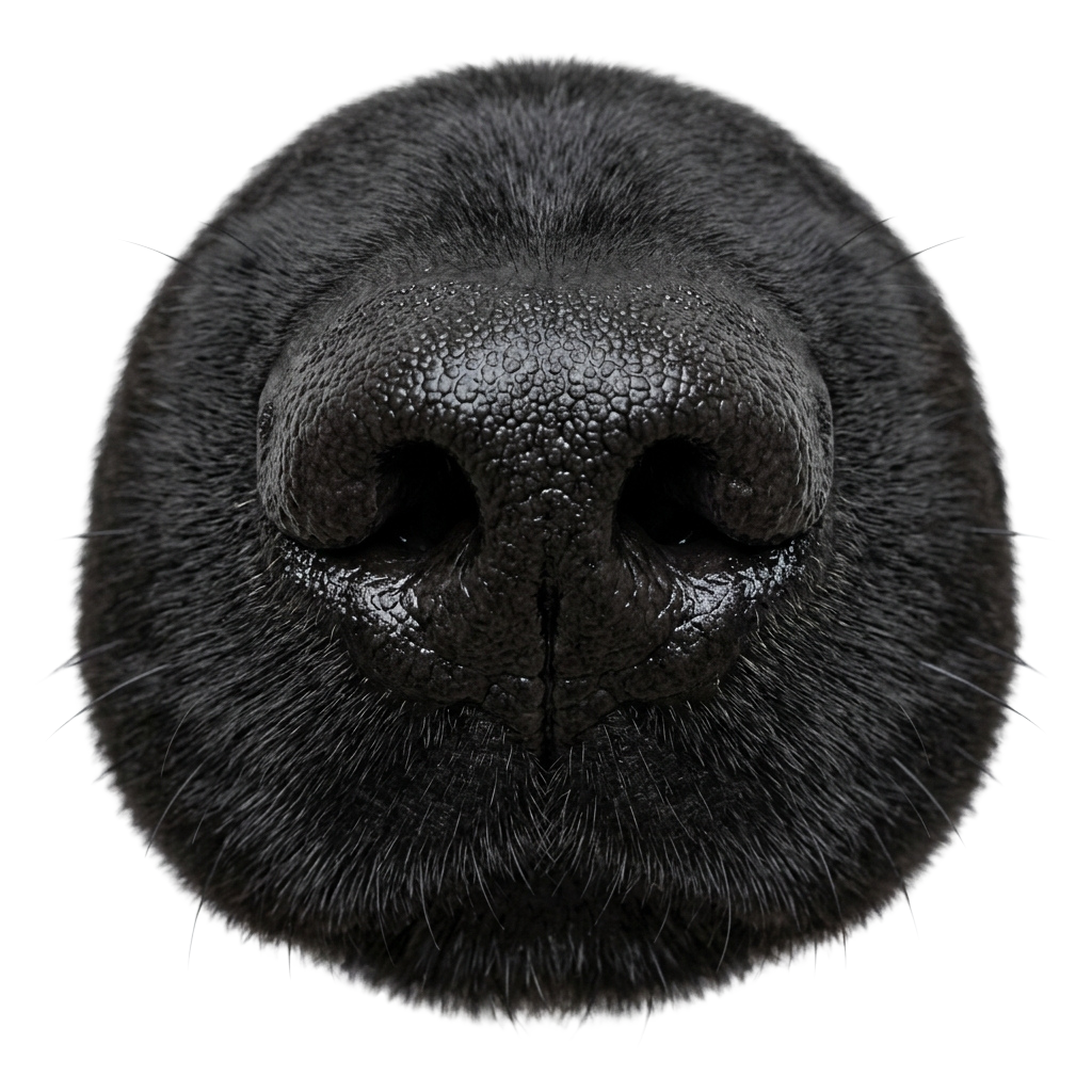 A detailed close-up of a dog's nose and fur with visible nostrils and whiskers