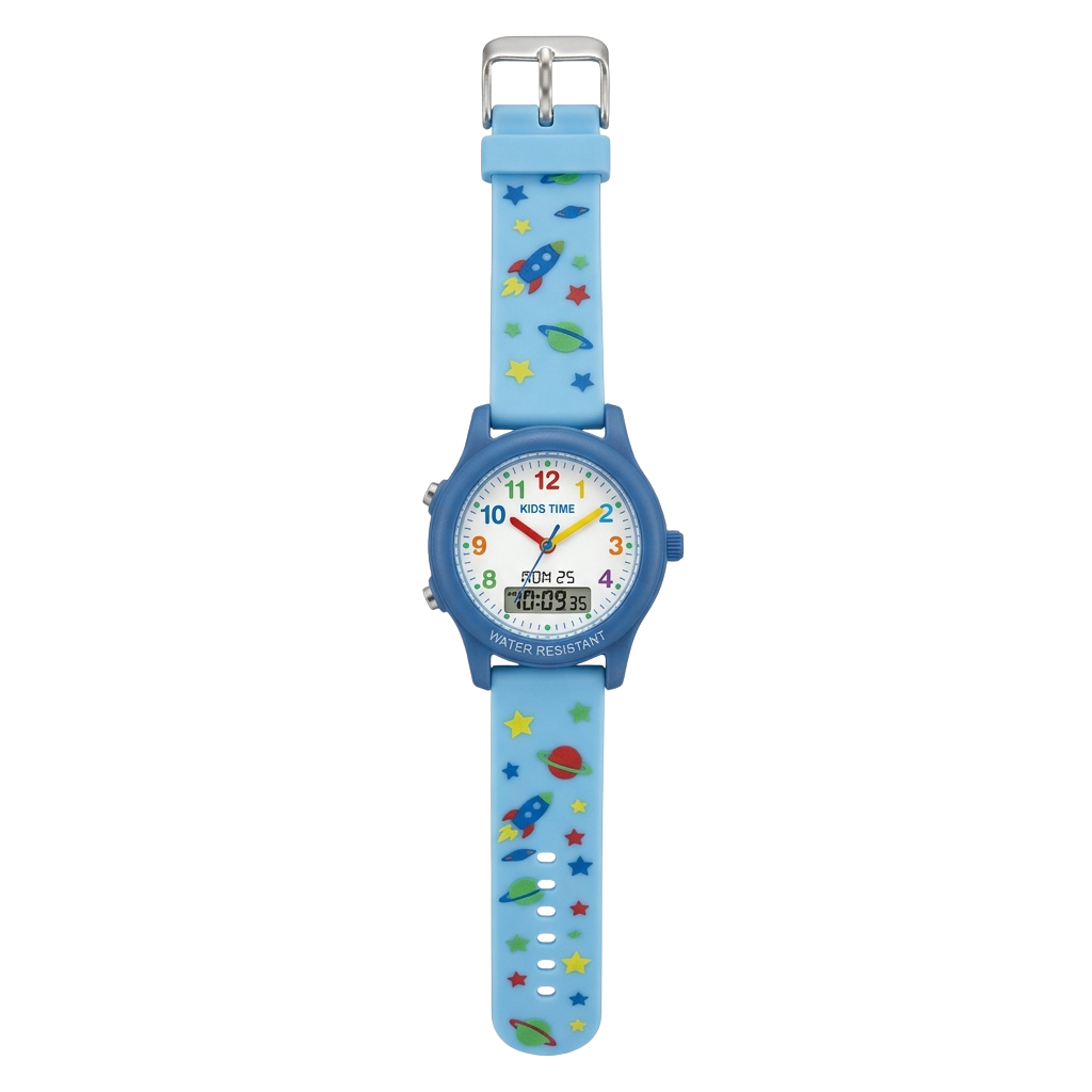Blue kids digital watch with space-themed strap showing rockets, stars, and planets