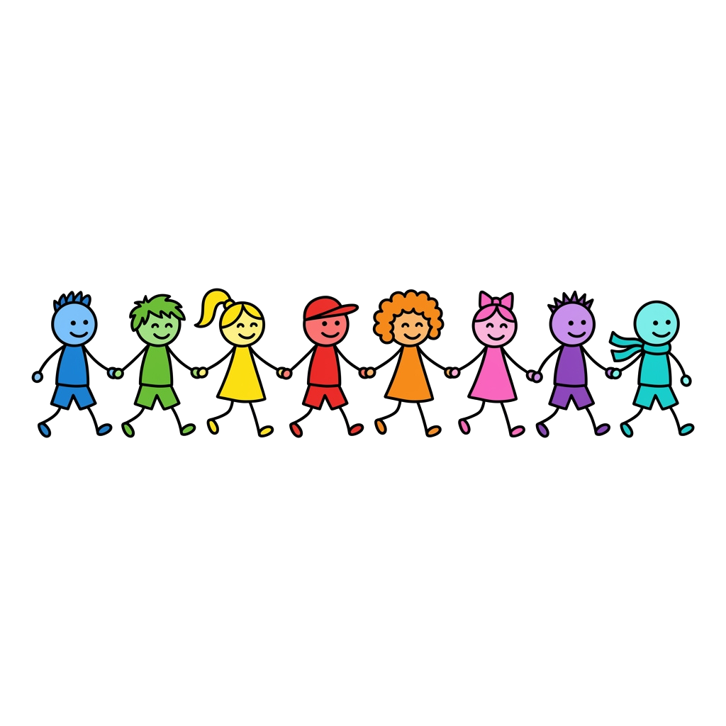 Eight cartoon children of different colors holding hands in a line against a black background