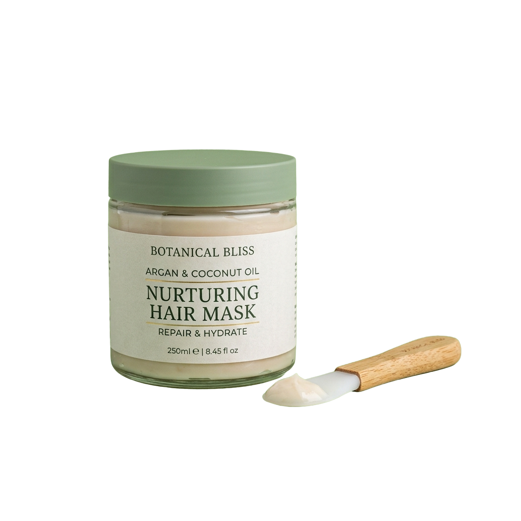 Jar of hair mask with argan and coconut oil, green lid, white label, and wooden spoon with product