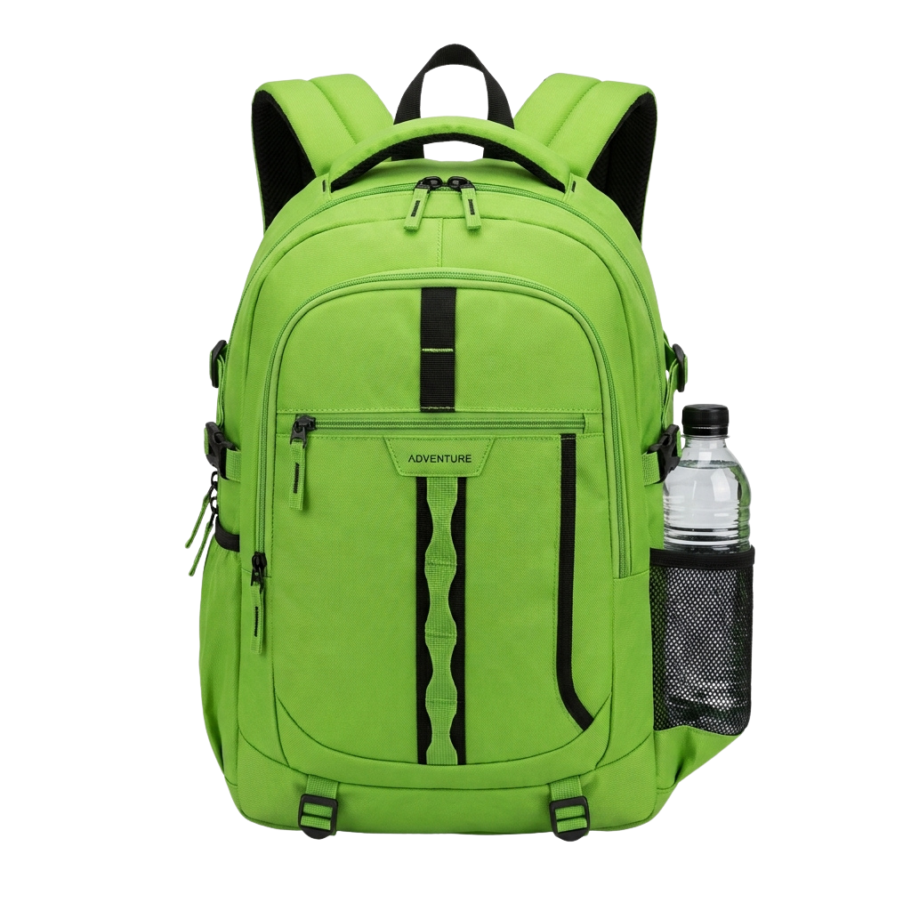 Bright green backpack featuring multiple compartments and a side water bottle holder