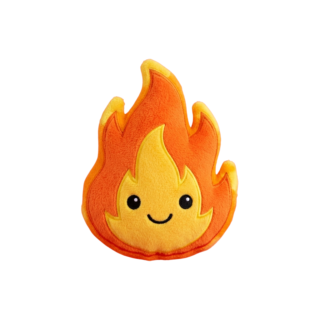 A smiling flame-shaped plush with orange and yellow colors and black eyes