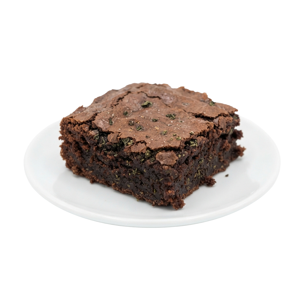 A slice of chocolate brownie topped with chopped walnuts on a white plate