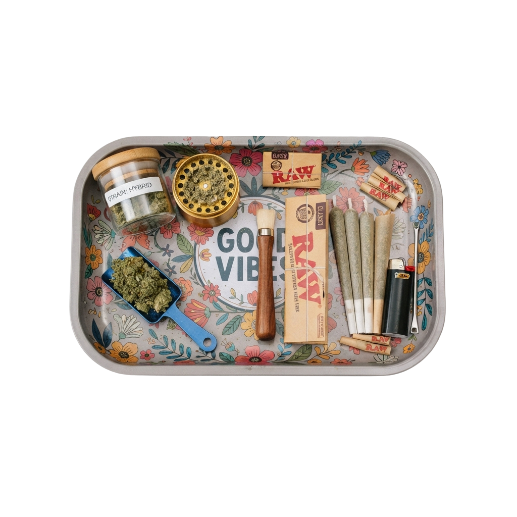 Tray with cannabis accessories including grinder, herb, rolling papers, and lighters on floral background