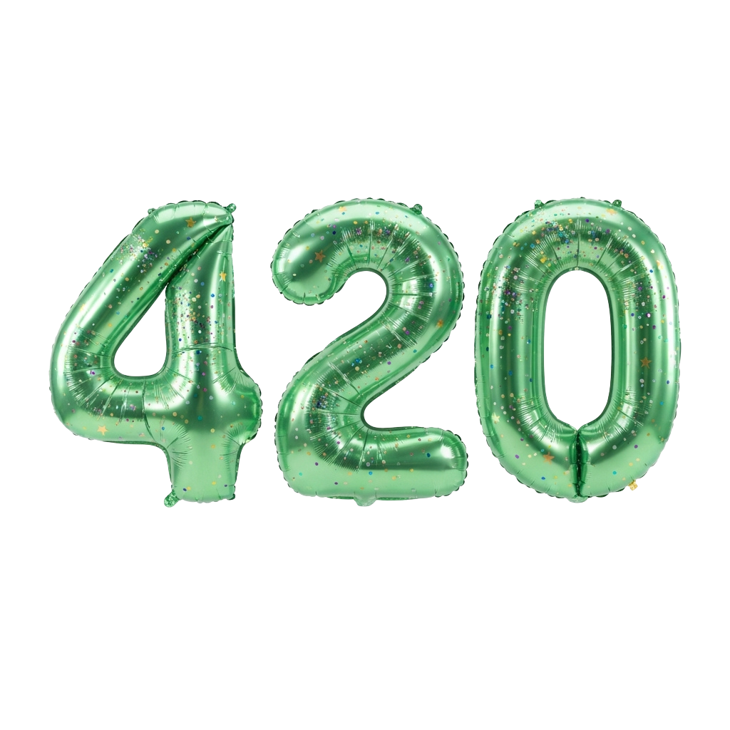 Three shiny green foil balloons shaped as numbers 4, 2, and 0 against a black background