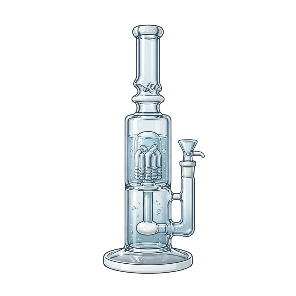 A clear glass bottle with internal components used for brewing beer at home