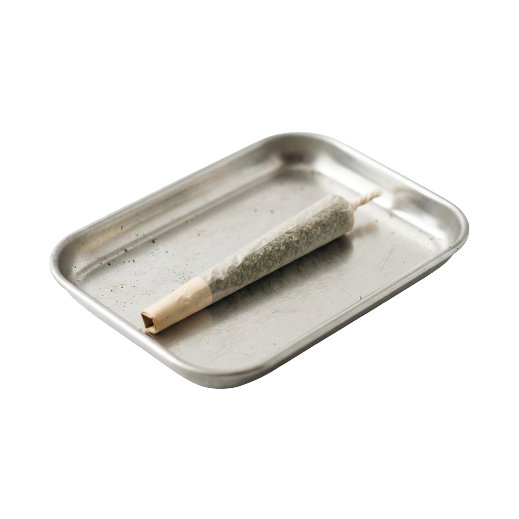 A wrapped herbal product placed inside a small disposable foil tray.
