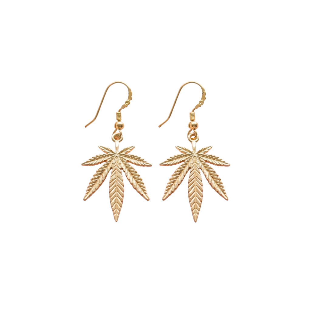 Pair of gold-colored hoop earrings featuring detailed leaf charms resembling cannabis leaves