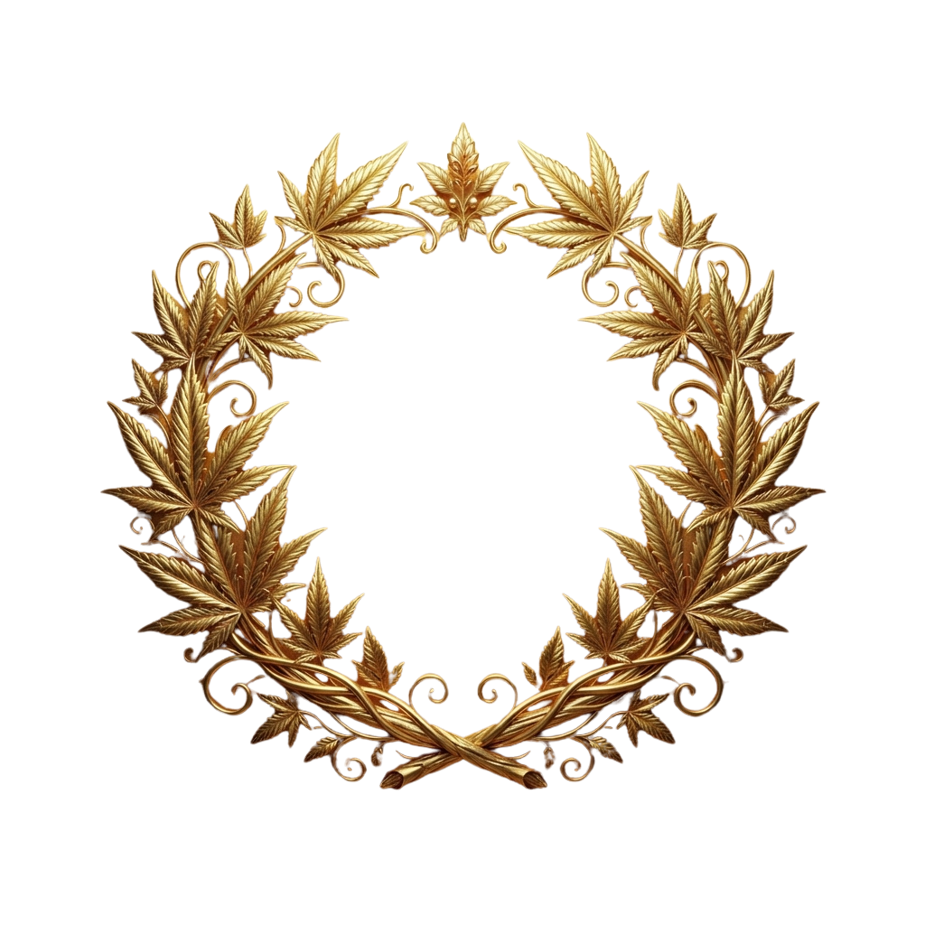 A detailed gold-colored ornate laurel wreath with intricate leaf and vine patterns against a black background