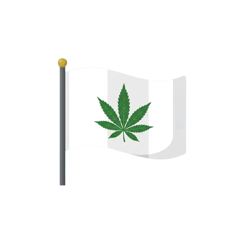 White flag with a green cannabis leaf symbol waving on a pole against a black background