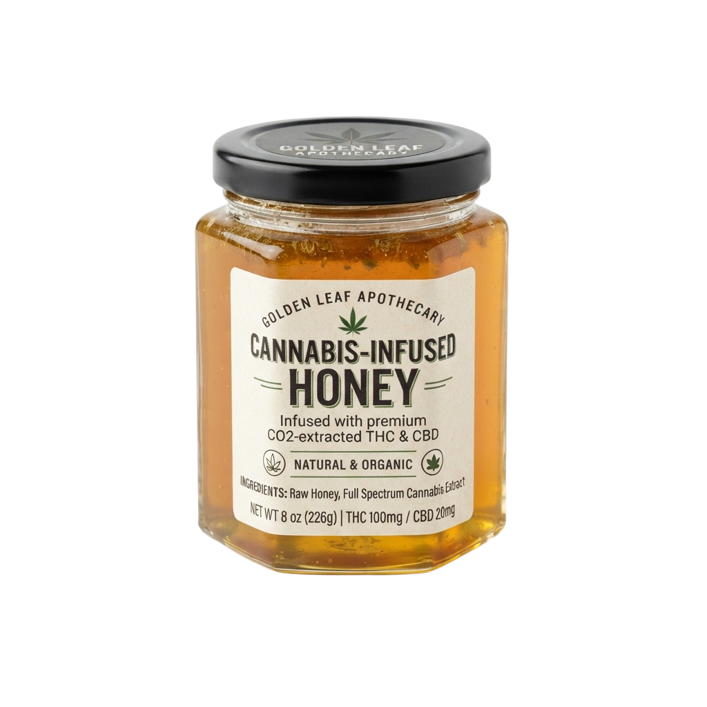 Glass jar of cannabis-infused honey with black lid, labeled cannabis infused honey, natural and organic.