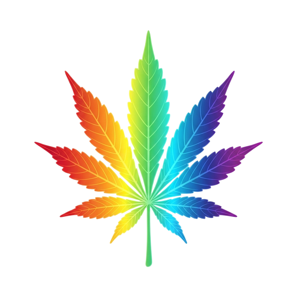 A stylized cannabis leaf with segments in rainbow colors on a black background