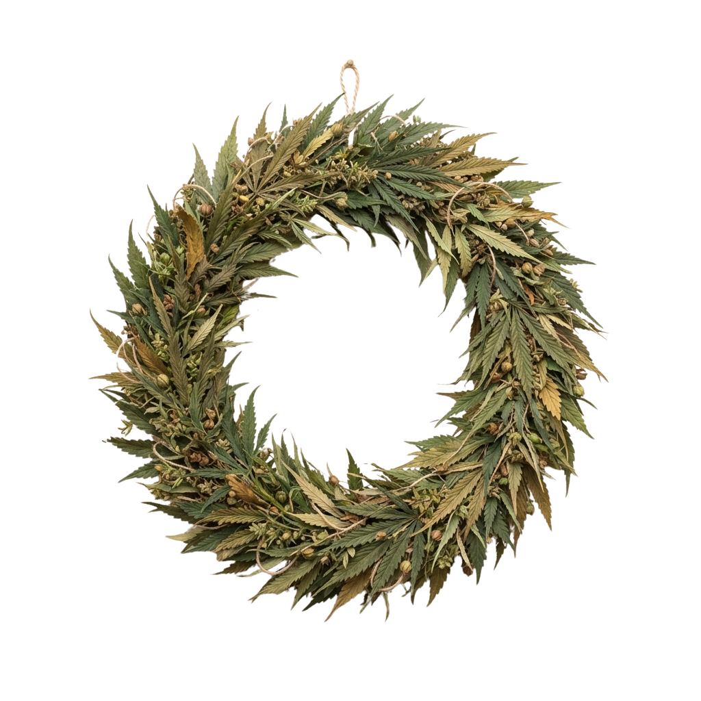 A circular wreath made of green pine leaves and small berries against a black background
