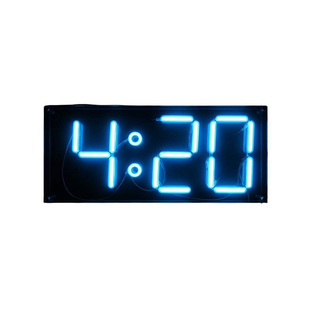 A digital clock with bright blue neon numbers showing 4:20 on a dark background