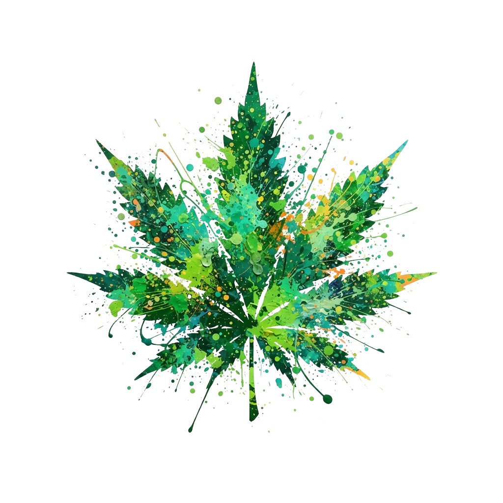 A vibrant abstract art design featuring green leaf splatters with colorful paint effects