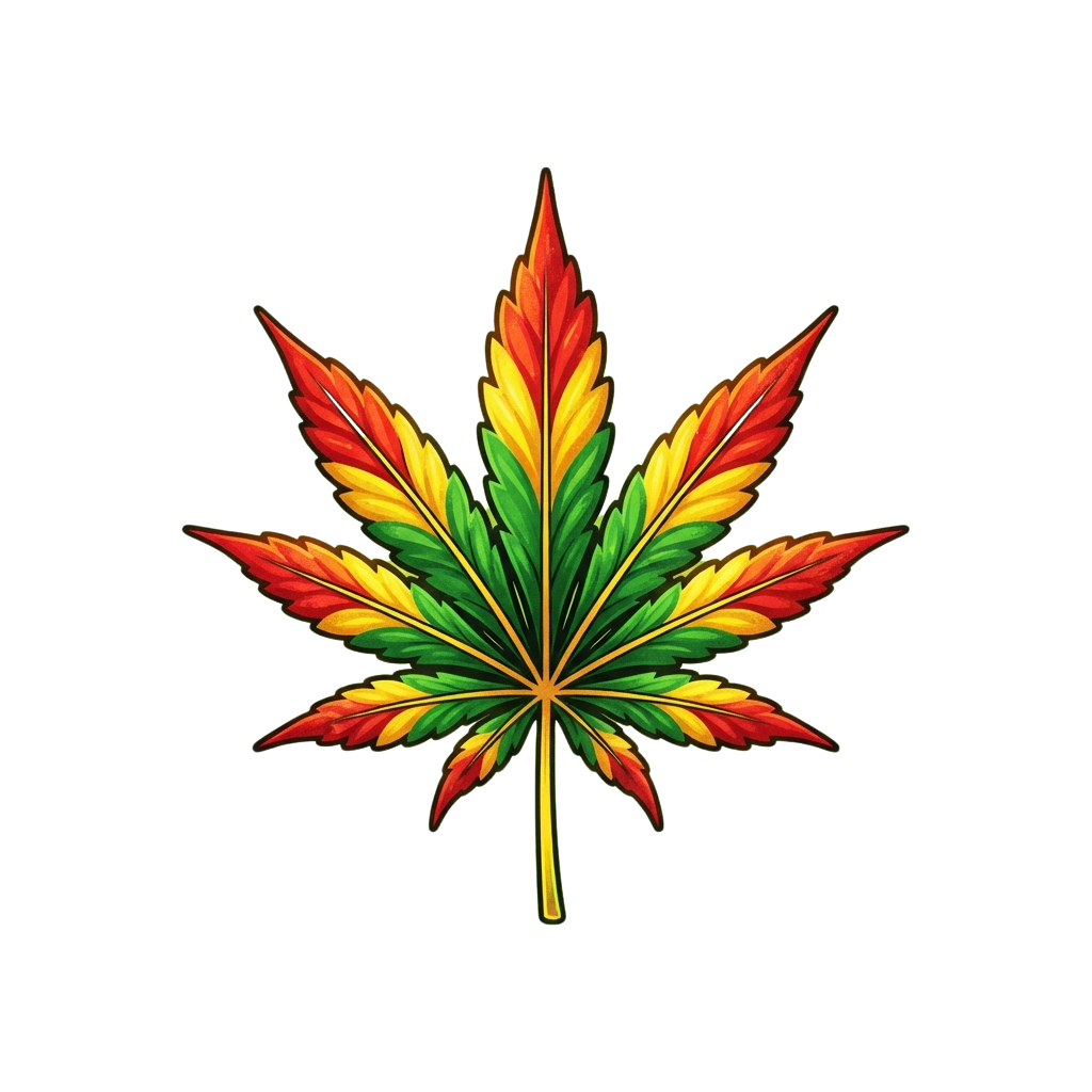 A stylized cannabis leaf with red, yellow, green, and orange colors on a black background