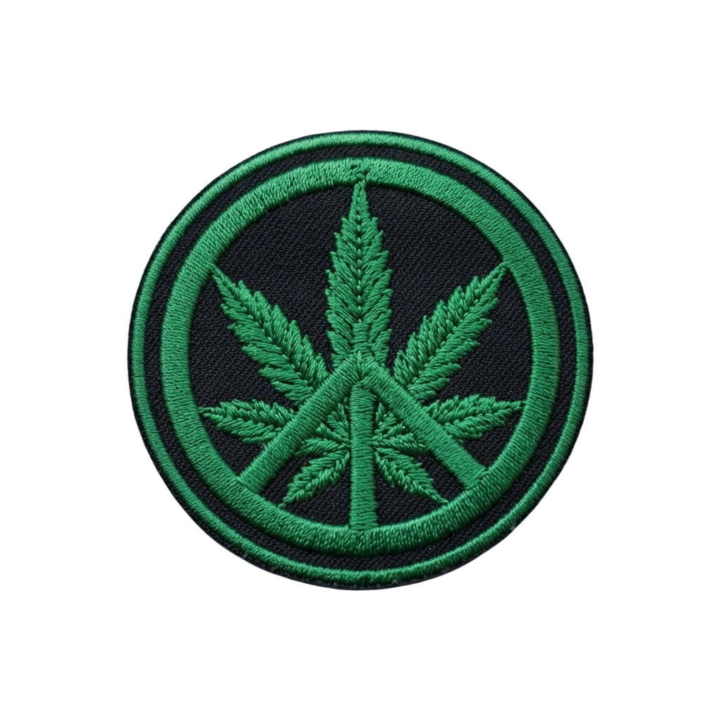 Circular embroidered patch featuring a bright green cannabis leaf on a dark background