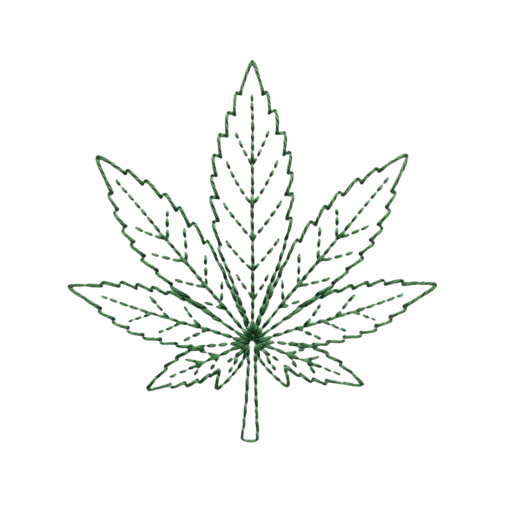 Green wireframe illustration of a cannabis leaf on a black background