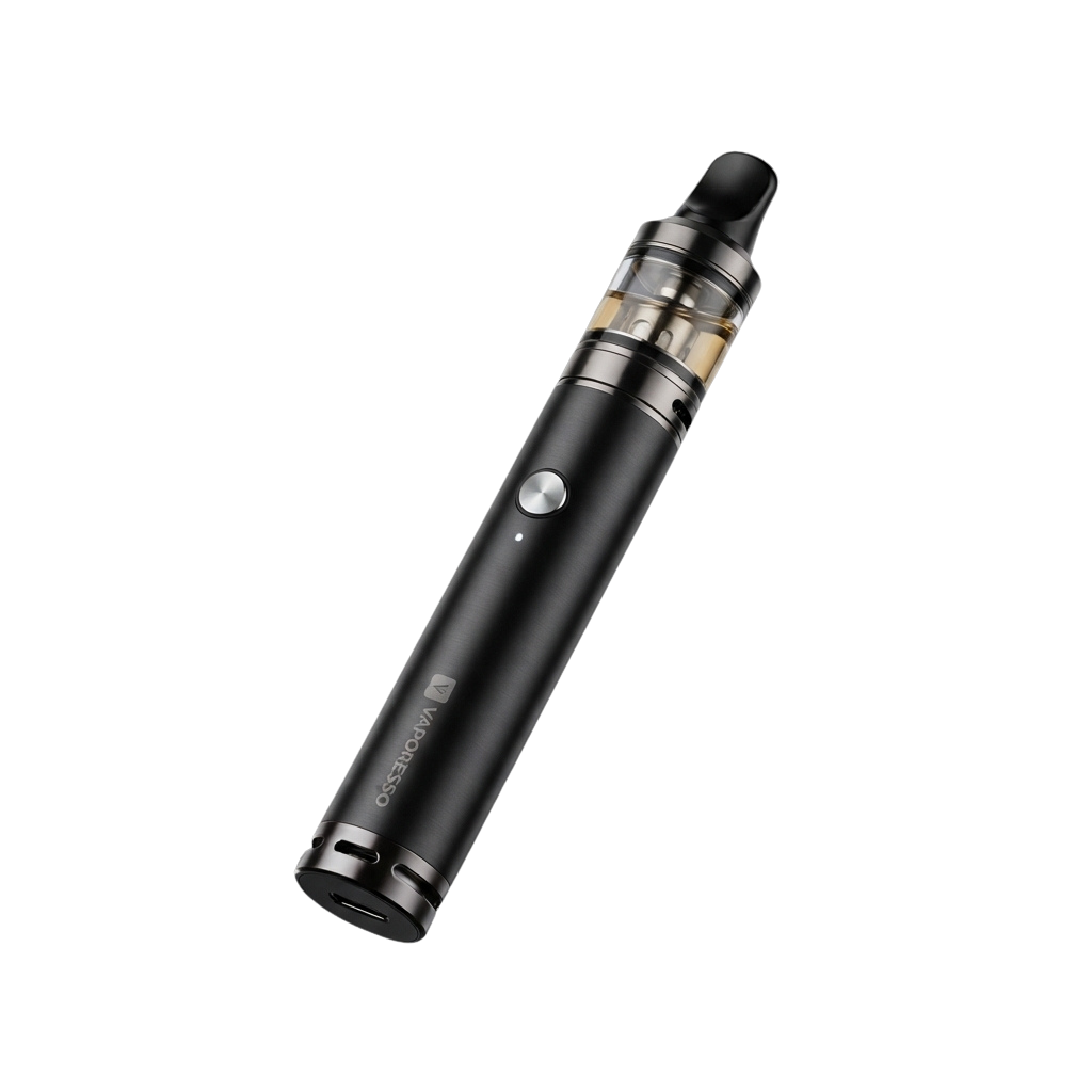 Black vape pen device featuring a glass cartridge and digital display