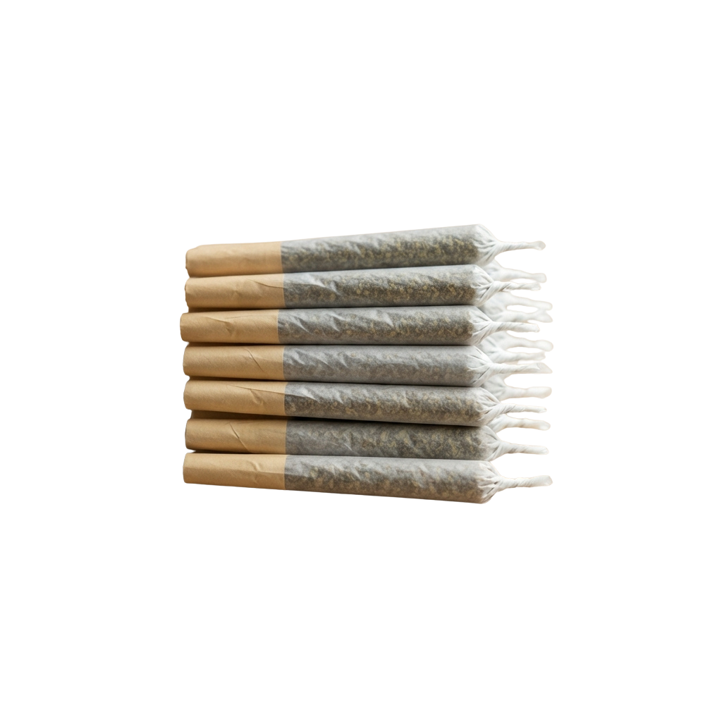 Five cigars with brown paper wrappers and white tips stacked on a black background
