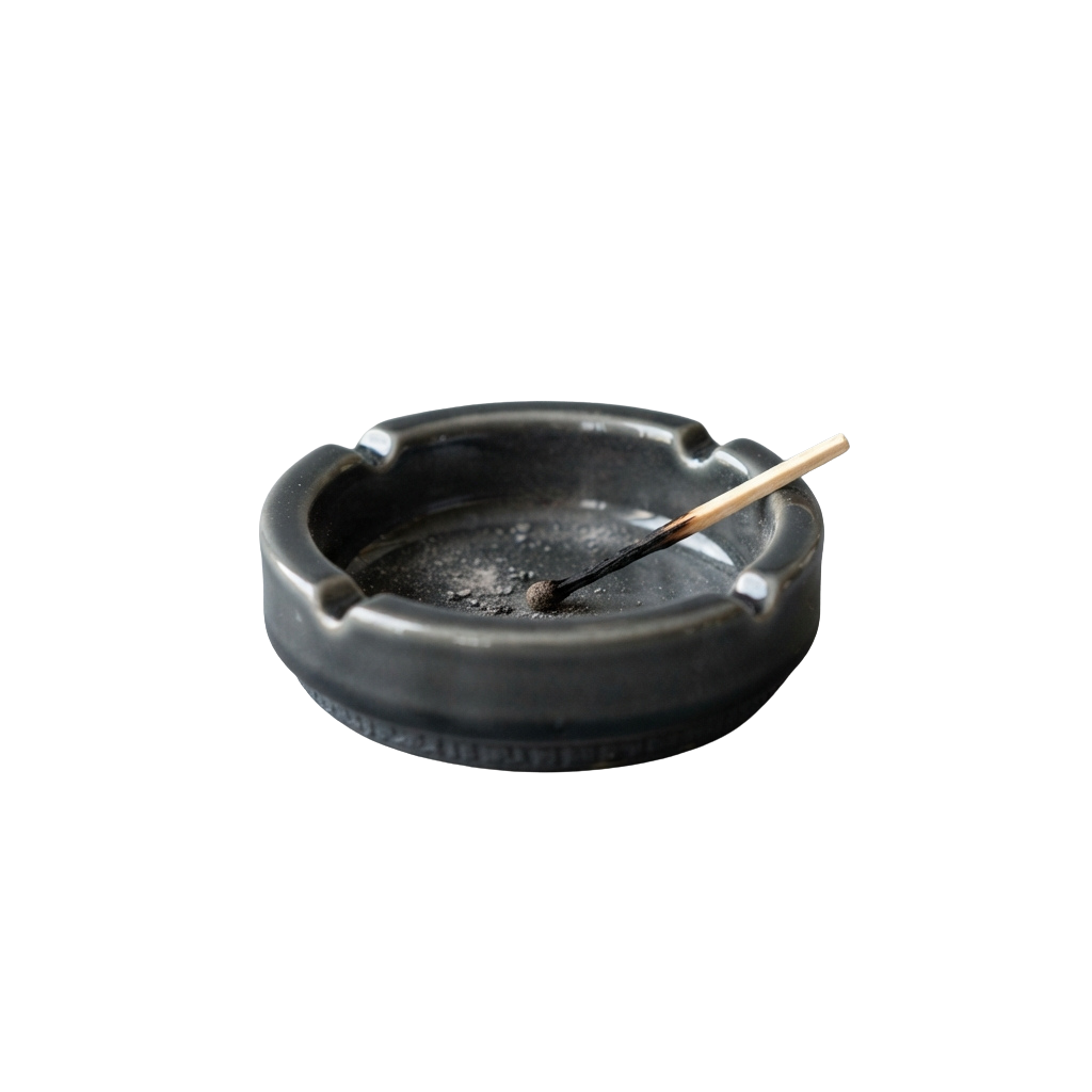A gray ashtray with a lit matchstick inside it against a black background