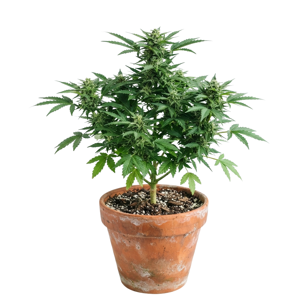 A cannabis plant with green leaves and buds growing in a terracotta pot