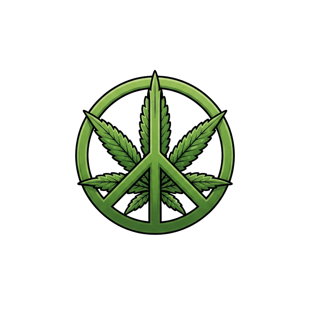 A green peace symbol featuring cannabis leaves integrated into its design on a black background
