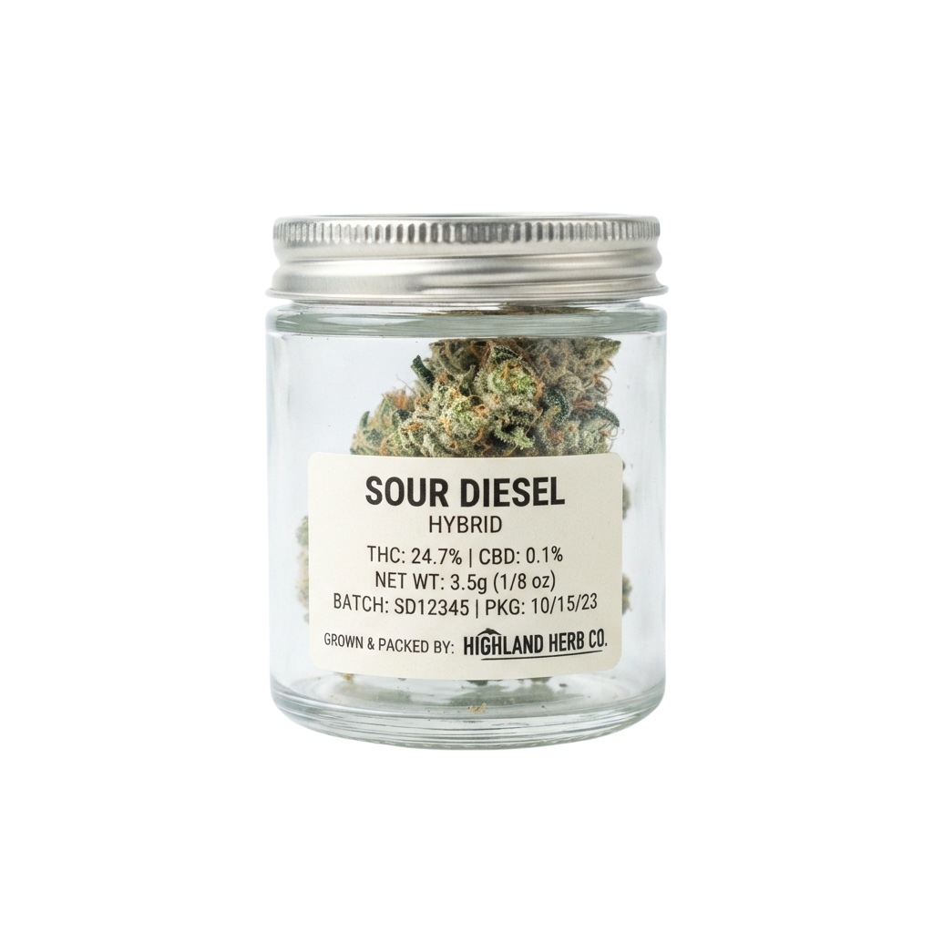 Glass jar containing Sour Diesel hybrid cannabis buds with a label showing THC content and product details