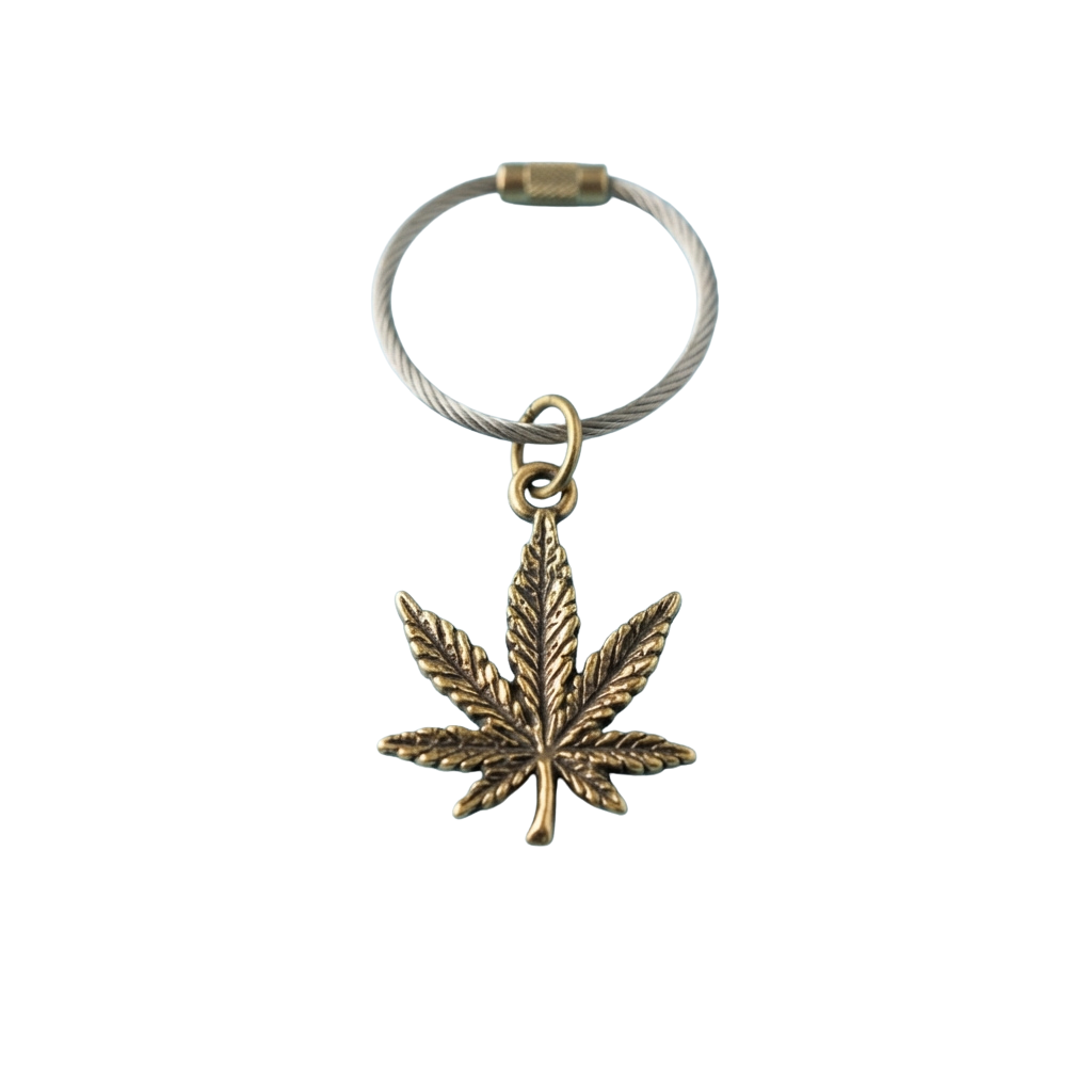 A gold-colored keychain with a cannabis leaf pendant attached to a silver ring.