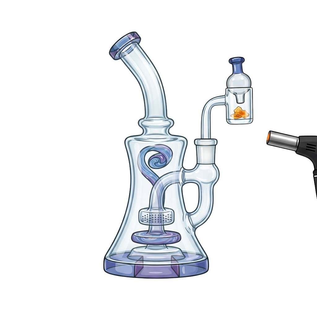 Illustration of a glass bubble bong with a torch and herb nail attachment