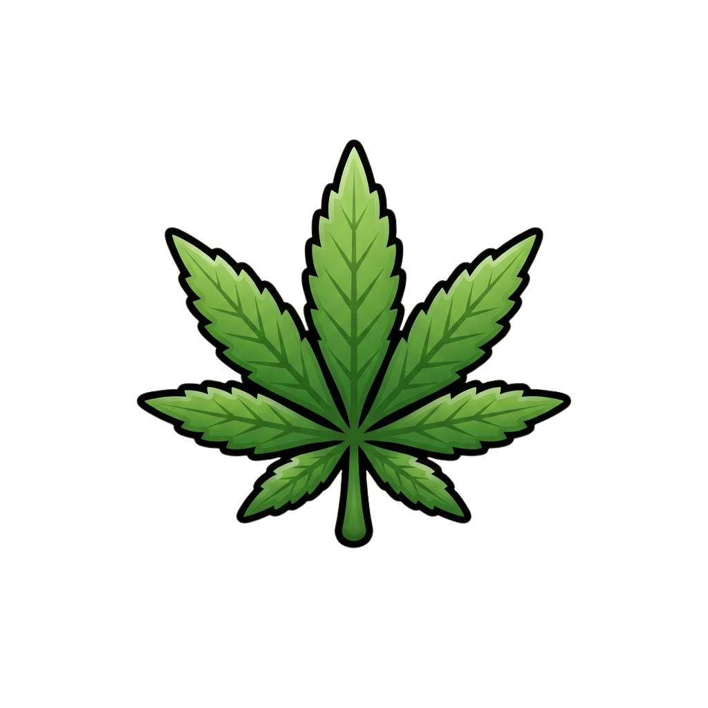 A stylized green cannabis leaf on a black background with a dotted outline