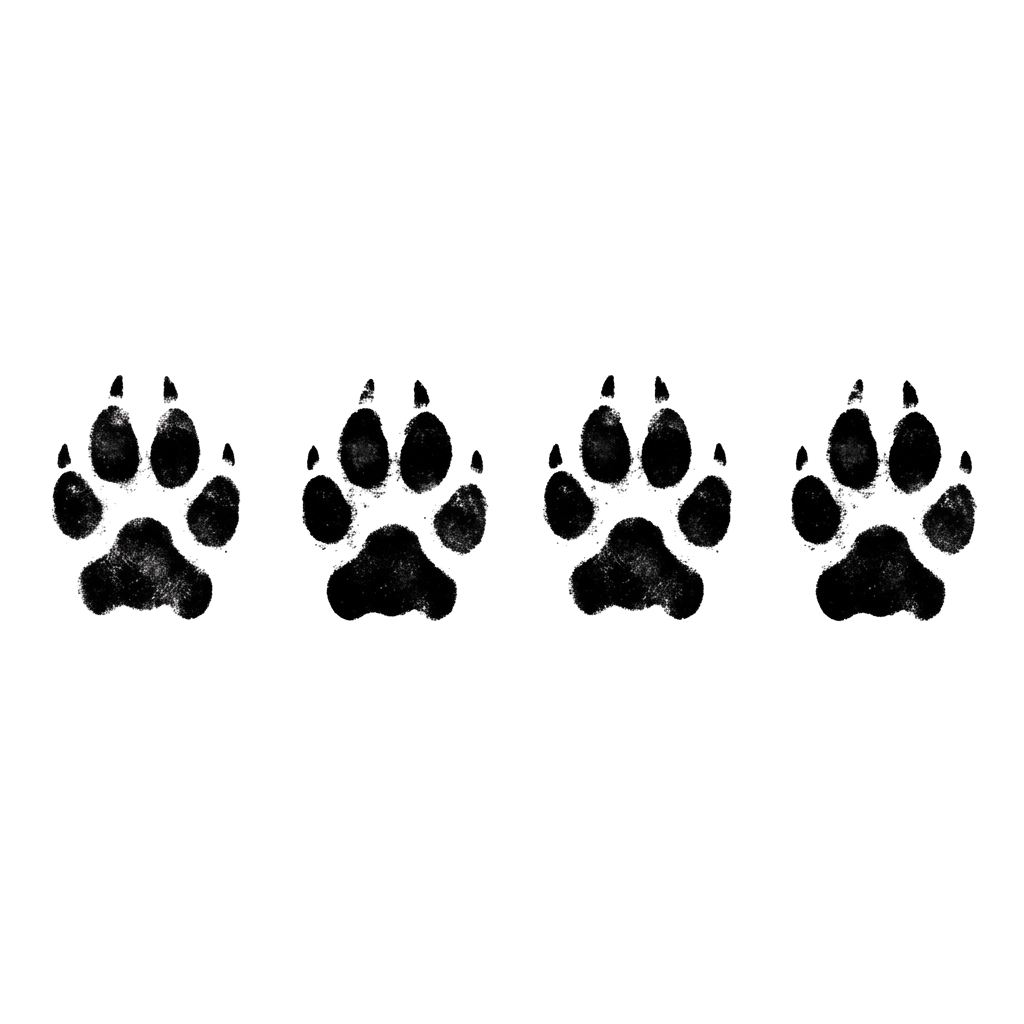 Four light gray dog paw prints on a black background.