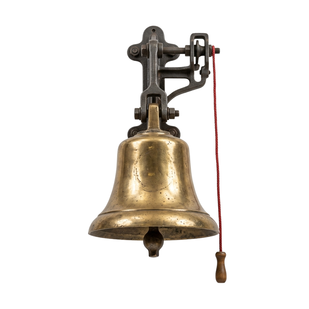 A brass bell with a clapper and a red rope attached to a wooden handle