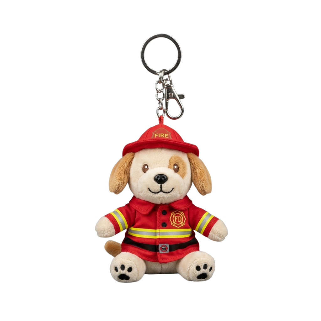 A cute stuffed dog wearing a firefighter helmet and uniform, attached to a keychain