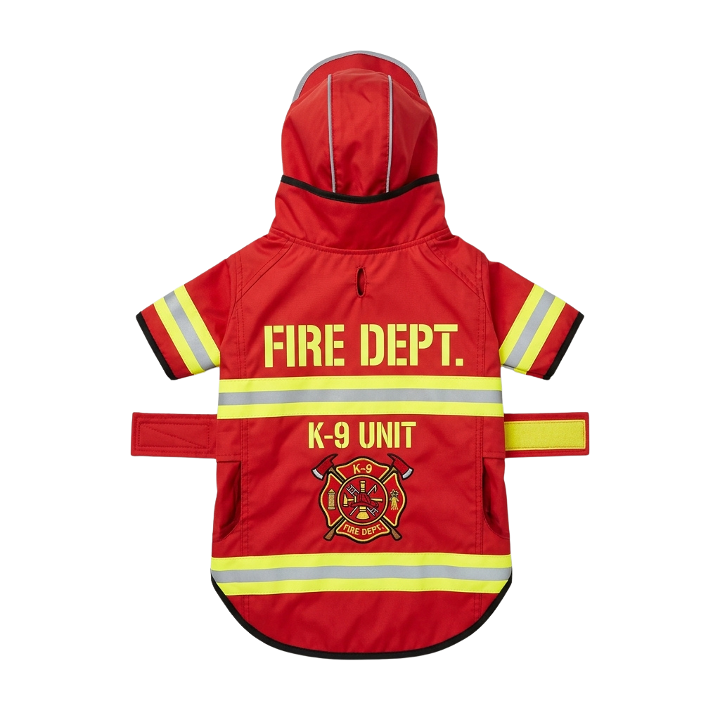 Red raincoat for a dog labeled Fire Dept K-9 Unit with reflective stripes and fire emblem design