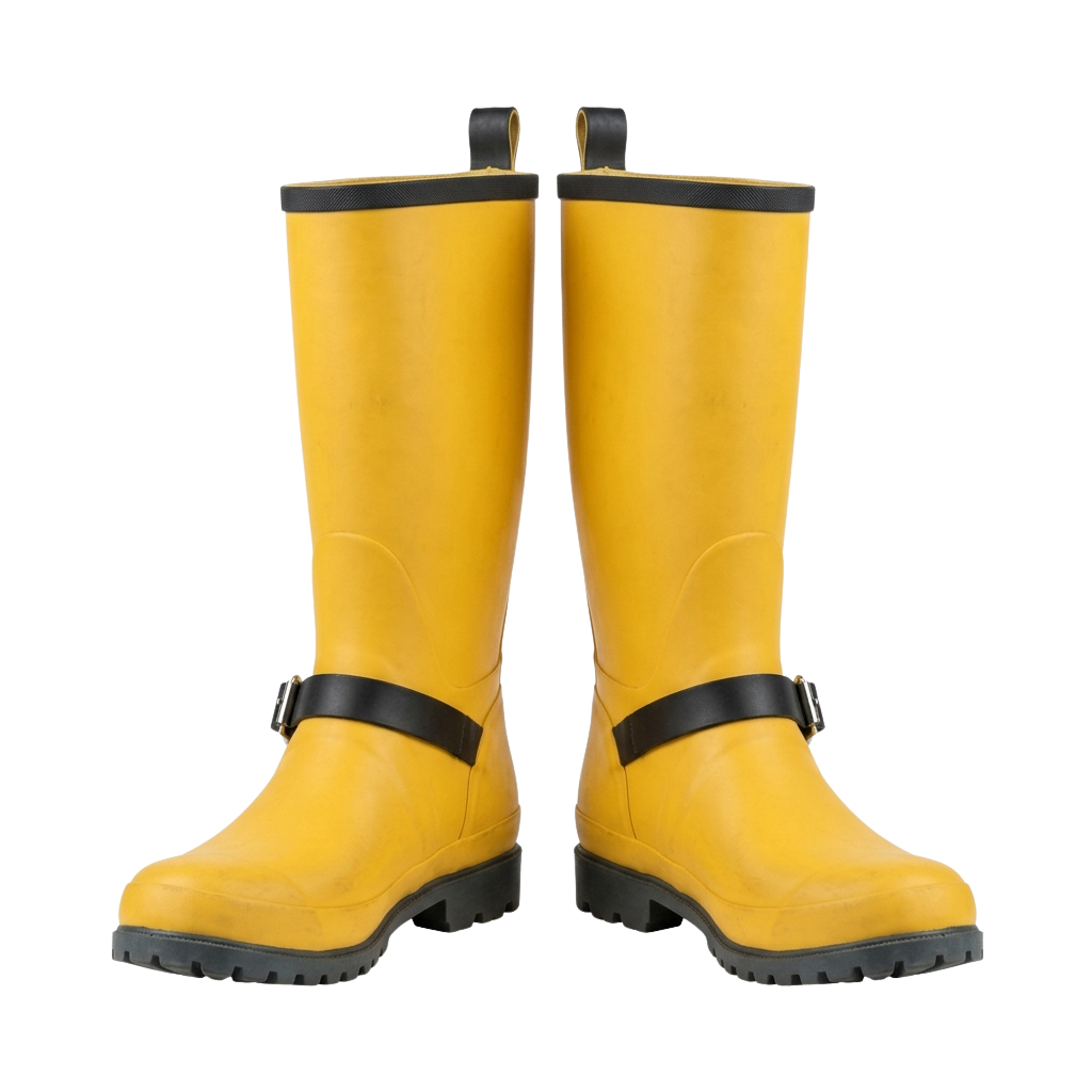 Pair of bright yellow rubber rain boots with black straps and soles against a black background