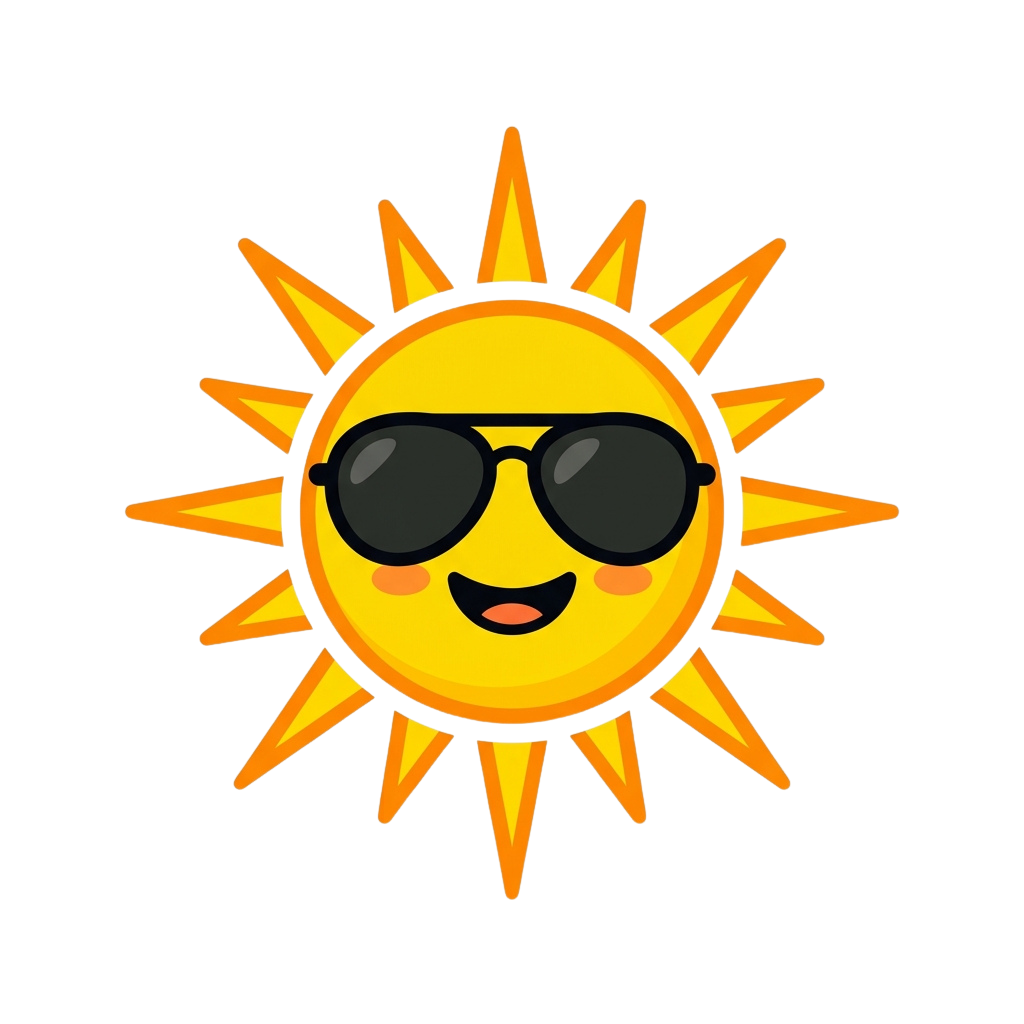 A smiling sun with sunglasses and rays, illustrated in a cheerful cartoon style