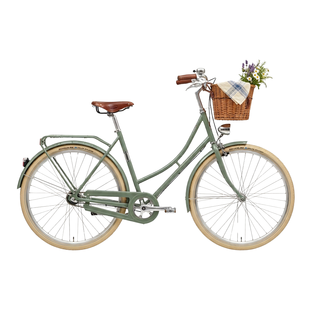 A vintage-style green bicycle with cream-colored wheels, a brown leather seat, and a wicker basket filled with flowers on the handlebars