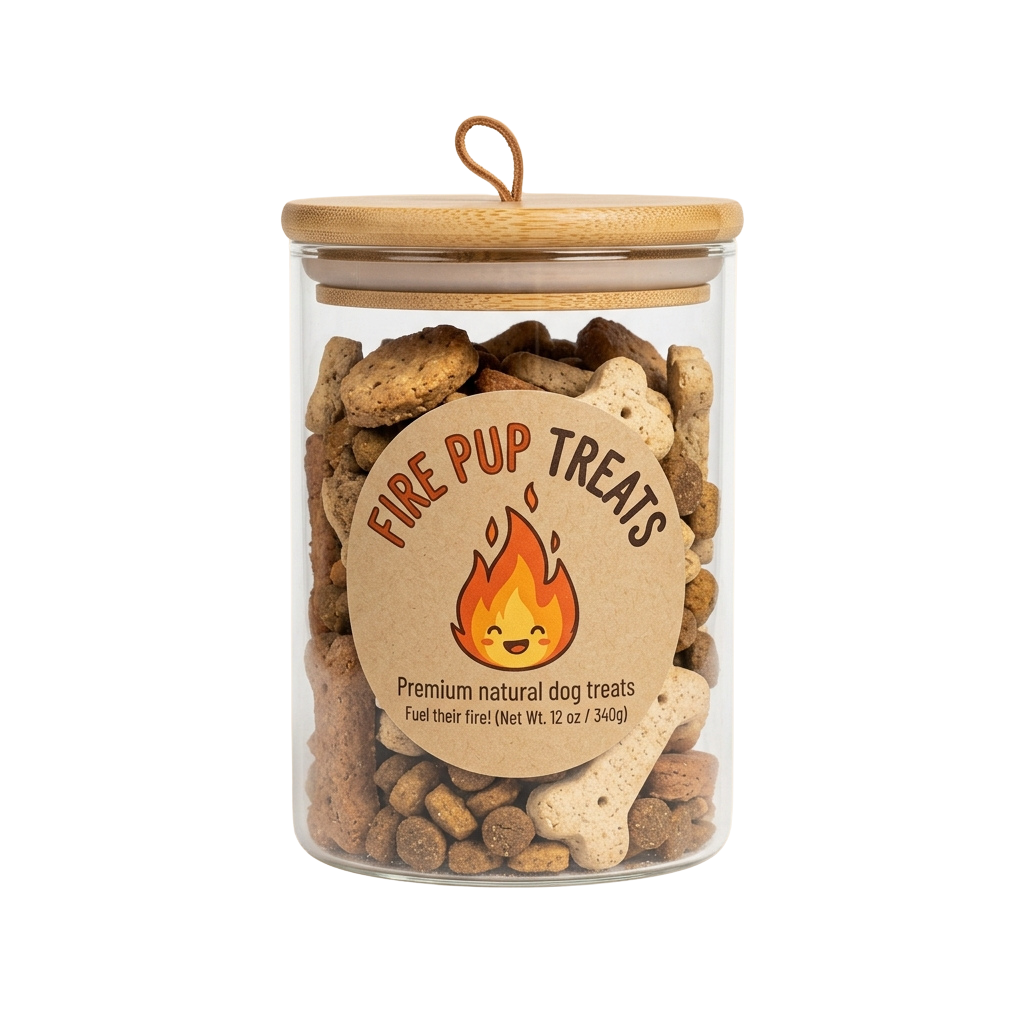 Glass jar filled with natural dog treats, wooden lid, and label showing fire emoji and text Fire Pup Treats