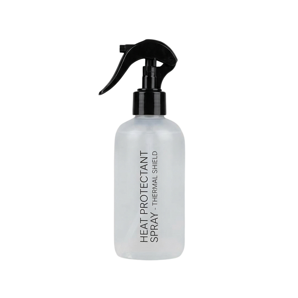 A white spray bottle labeled Heat Protectant Spray Thermal Shield with a black pump top