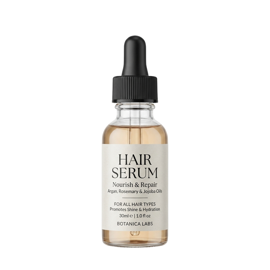 Bottle of hair serum with black dropper top labeled Nourish Repair featuring Argan, Rosemary, and Jojoba Oils