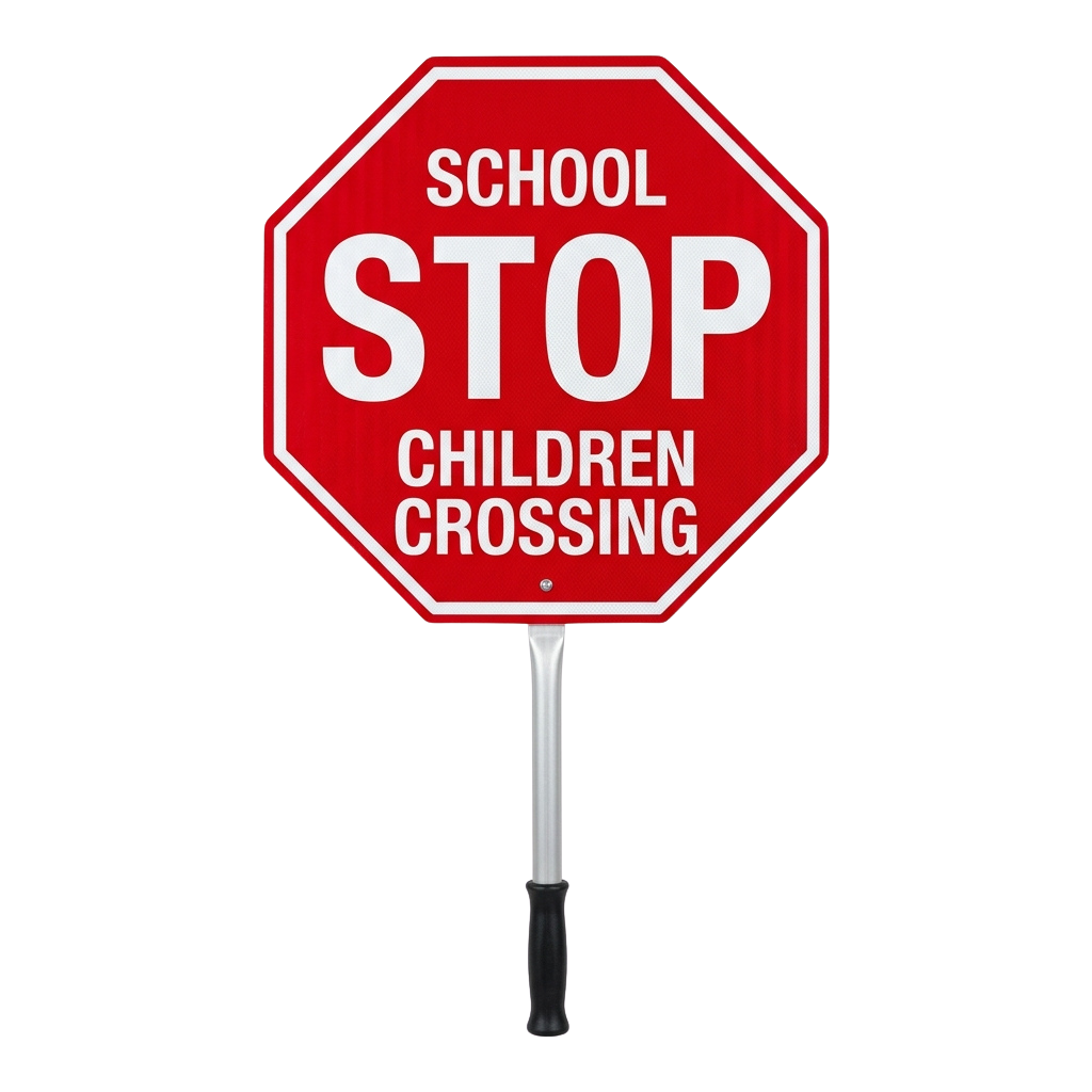 Red octagonal stop sign indicating school children crossing area