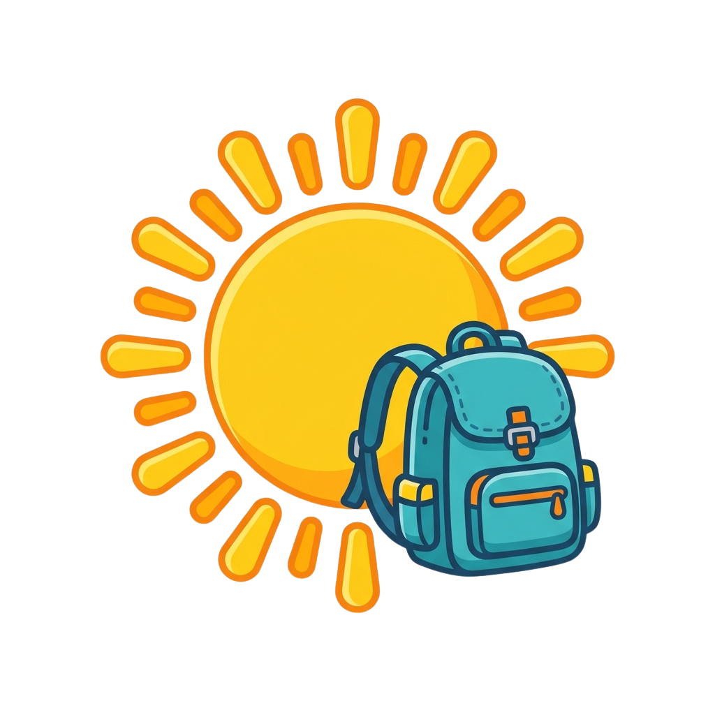 Bright yellow sun with rays and a blue backpack attached to its side