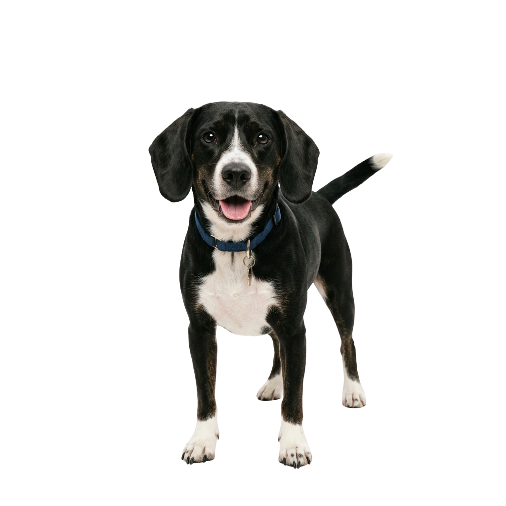 A cheerful black and white dog standing on a plain background, wearing a blue collar.
